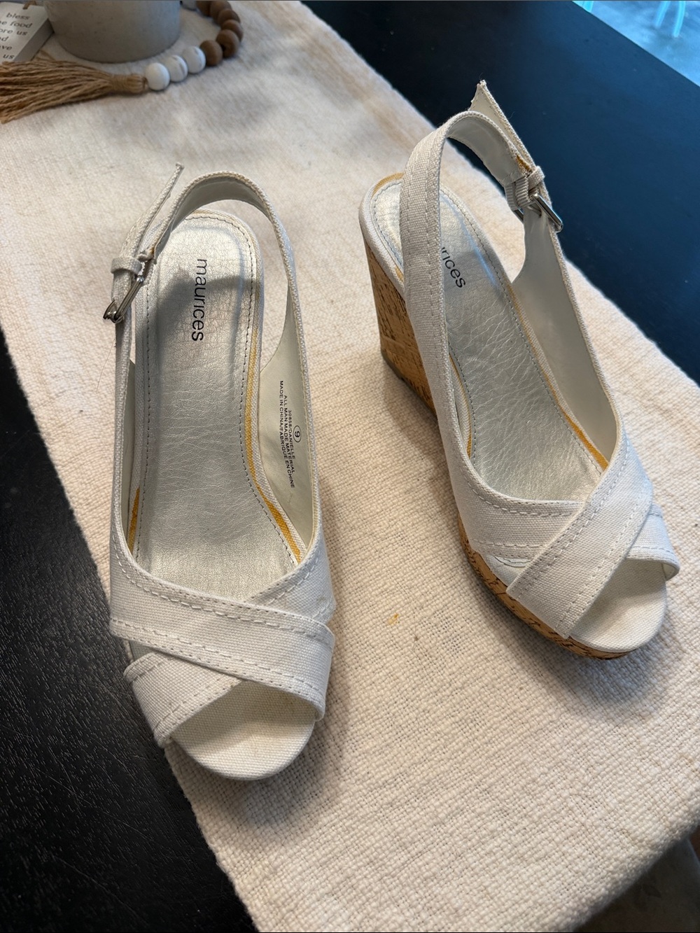 Maurices White Canvas Cork Wedge Sandals